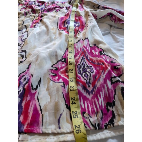 Chicos Blouse Women's L (2) Floral Boho Chic Tunic Top Flowy Flounce Satiny Pink - Picture 11 of 11